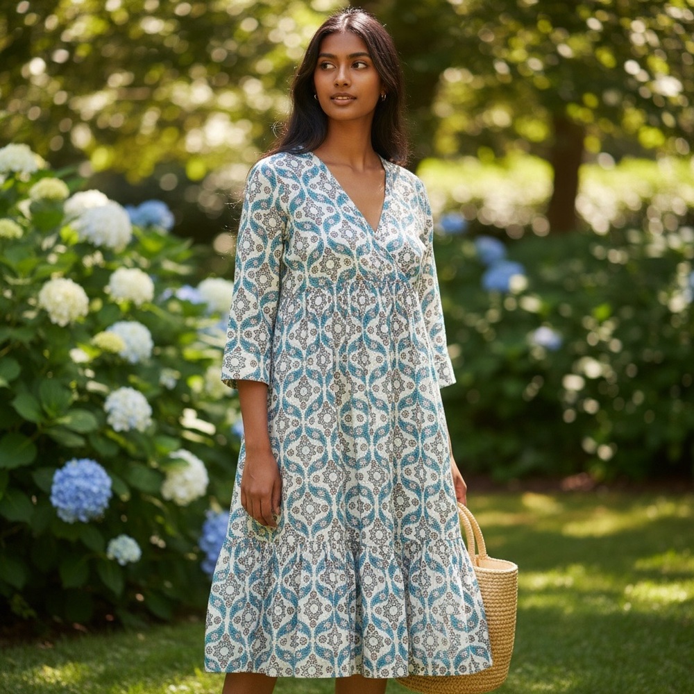 Roberta Roller Rabbit Elegant Blue Patterned Dres… - image 1